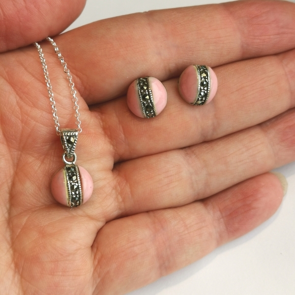 NWT Sterling Silver Pink enamel Swiss Marcasite necklace earring set - Picture 4 of 6